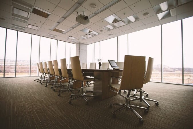 Conference room set for a meeting